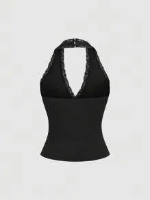 Sweetra Y2K 风格性感撞色蕾丝吊带露背女式上衣 - 黑色 - 查看 2