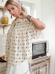 LanaWest New Women Short Sleeve Button Down Western Bohemian Style Casual Everyday Versatile Blouse - Apricot - View 7