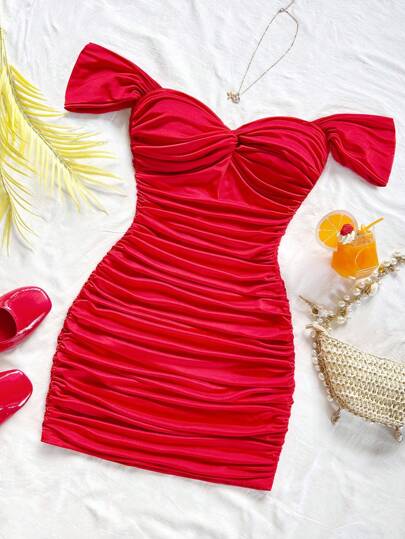 Soleia Vestido mini ajustado rojo de punto con hombros descubiertos para mujer, diseño con espalda calada, ideal para vacaciones, citas, té de la tarde, temporada de bodas, playa, resort, estilo bohemio, festivales de música