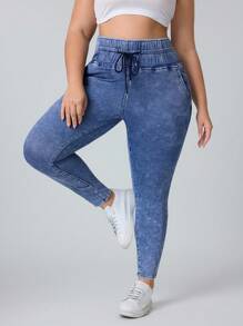 SHEIN PETITE CURVE Damen Große Größen Jeans mit Tunnelzug Taille, Taschen und schlanker Passform, vielseitig einsetzbar
