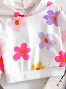 SHEIN Playful Pals 寶寶女孩休閒運動彩色花卉圖案帽衫，帶帽長袖衛衣，適用於日常穿著和外出活動