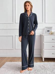 EURMUSE PLUS Women 2 Pcs Button Front With Contrast Colour Binding Detail Homewear Pajama Set - Navy Blue - View 3