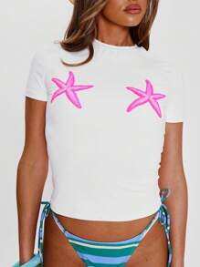 MUSERA Camiseta de manga corta con cuello redondo ajustada con detalles de estrella de mar, divertida y fresca, para primavera y verano
