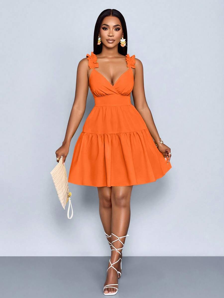 SOLERSUN 女士春夏时尚纯色宽松休闲后背镂空宽松橙色短裙、度假、音乐节、返校、浪漫、派对装