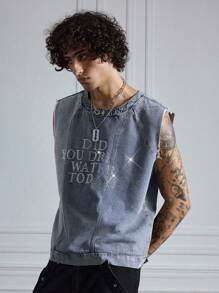 ROMWE MEN Prep Men's Distressed Rhinestone Slogan Graphic Denim Top - Blue - View 4