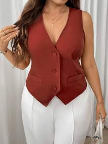 Firerie Plus Size Elegant Commuting High Street Mesh Luxury Occasion Sleeveless Blazer, Wear Alone Or As Outerwear, Rose Red Graduation,Back To School,Teacher Outfits For Women