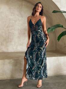 Aloruh Women's Butterfly Print Mesh Splicing Backless Dress With High Slit Ruffle Hem, Suitable For Spring/Summer Holiday - Multicolor - View 5