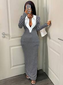 BamGleam Women Elegant Slim Long Patchwork Puff Sleeve Collar Houndstooth Pattern Fabric Women's Long Dress, Autumn/Winter Maxi Women Outfit Fall Cloth For Women - Black - View 3