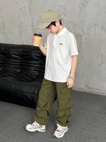 SHEIN Tween Boy Casual Round Neck Short Sleeve T-Shirt And Pants 2 Pieces Set, Elegant Style Suitable For Summer, School, Campus, College