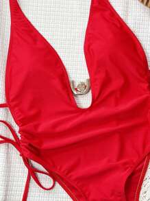 Swim SXY Elenzya 纯色深 V 领系带褶饰金属配件休闲沙滩连体泳衣 - 紅色 - 查看 4