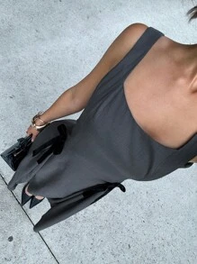 Siren Gaze 夏季新款女士灰色蝴蝶结褶皱 A 字连衣裙 - 灰色 - 查看 7