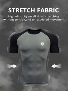 Manfinity Sport PWRUP Maglietta sportiva da uomo a maniche corte con stampa di lettere e colore a contrasto, modello aderente, girocollo - Grigio Chiaro - Visualizzare 4