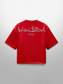 NEON BLANC Men's Streetwear Style Knitted Round Neck Half Sleeve Rhinestone Letter Printed T-Shirt, Suitable For Summer - Burgundy - View 2