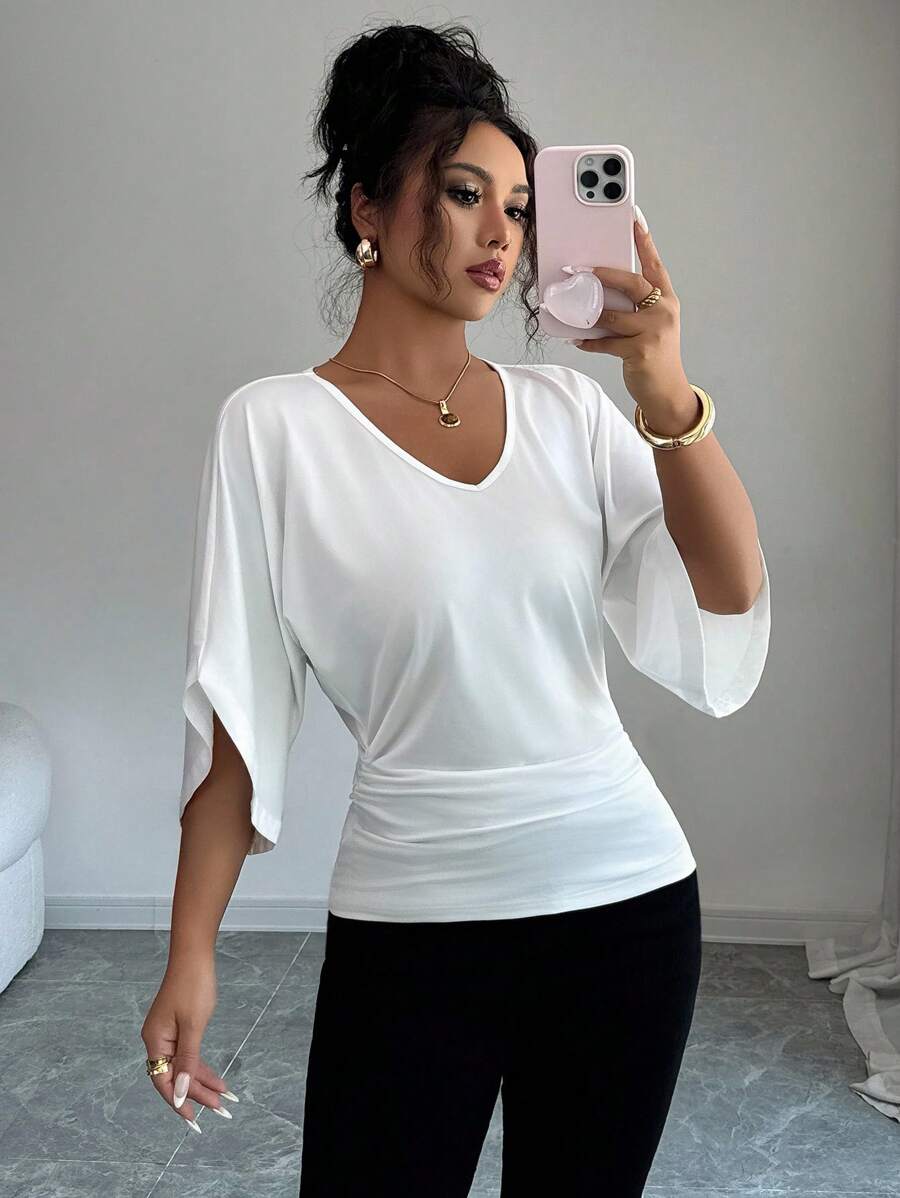 Elenzga Women's V-Neck Ruffle Batwing Sleeve Solid Color Short Sleeve T-Shirt