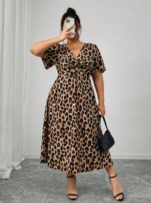 Firerie Plus Size Vintage Leopard Print Short Sleeve Kink Cinched Waist Dress Spring To Summer - Coffee Brown - View 2