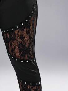 Whyspr Leggings vintage grunge punk casual avec design de ruban en dentelle contrastée, tailles plus