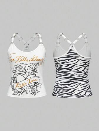 J-Fashion Top de mujer tipo tank con estampado de rosa corazón retro Y2K, patrón metálico de cebra y parches