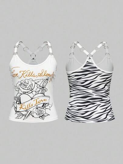 J-Fashion Top débardeur femme avec imprimé rétro en métal, patchwork à motif zébré et cœurs roses, style Y2K