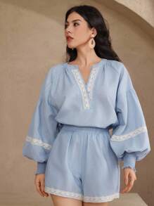 DAZY 2pcs/Set Women Embroidered V-Neck Lantern Sleeve Blouse And Elastic Waist Shorts Lounge Sets For Women - Blue - View 6