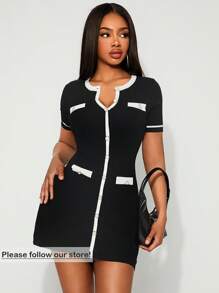 SHEIN SXY Váy len bó màu đen phong cách Pháp gợi cảm & thanh lịch mới dành cho nữ, mùa hè - Đen và trắng - Xem 1