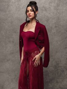 SHEIN LUNE سترة نسائية بطراز بدون طبعات بأكمام طويلة وخصر مضبوط - عنابي اللون - مشاهدة 3