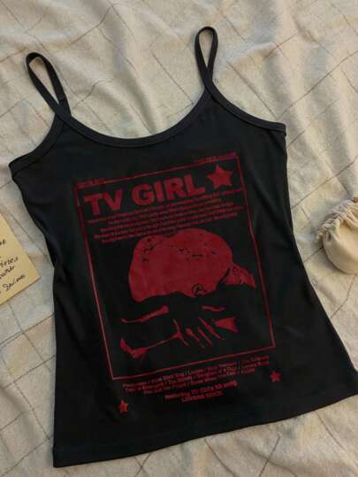 Vintage Women Silhouette Slogan Short Camisole, Suitable For Casual Daily Wear, All-Season