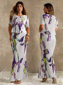 Roveilla 大码优雅休闲花卉印花短袖上衣和鱼尾裙两件套，春夏 - 淡紫色 - 查看 1