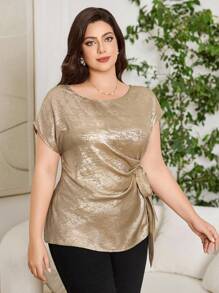 Reflora Curve 大码女装日常休闲优雅圆领短袖腰部褶皱蝴蝶结金属面料衬衫，金色，商务休闲女装，教师，老钱风格女装，商务休闲女装，优雅女装，夏季女装，度假女装，夏季女装，外出女装，可爱夏季上衣，夏季女装，金属面料金色上衣，大码金色系带上衣