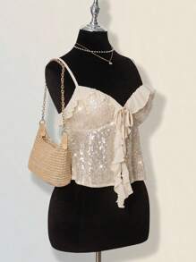 SHEIN ICON Women's Sexy Versatile Shoulder-Exposing Sequined Splicing Chiffon Cropped Sleeveless Camisole Sheer Ruffle Hem Top Sequin Top Glitter Top Sparkly Top Bling Top Ruffle Top - Apricot - View 7