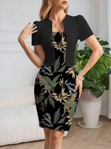 Glamance Joyce Ellen 女士热带植物印花修身短袖优雅连衣裙，搭配二合一造型，日夜装，女士旅行装，机场街头装