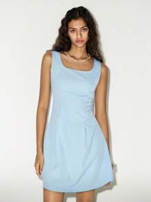 Ria Solene Women's Elegant Solid Color Sleeveless Short Dress, Summer - Blue - View 1