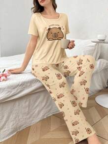 柔软针织面料女士睡衣套装，带有有趣的小熊图案和休闲风格水豚睡衣套装女士可爱睡衣套装可爱睡衣女士女士睡衣套装水豚睡衣 - 彩色 - 查看 4