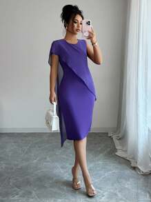 Elenzga فستان متوسط الطول أنيق يتميز بلون واحد، رقبة مستديرة، قطع شبكية، مصمم بطريقة ملائمة للمرأة