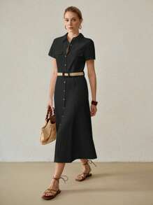 MOTF PREMIUM 女式亚麻领短袖衬衫裙（配腰带）