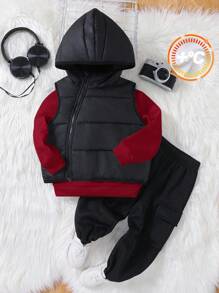 SHEIN 兒童 3件組小男孩時尚軟厚連帽圓領衛衣與冬季長褲套裝，休閒簡約百搭校園運動秋季穿搭 - 酒紅色 - 查看 5