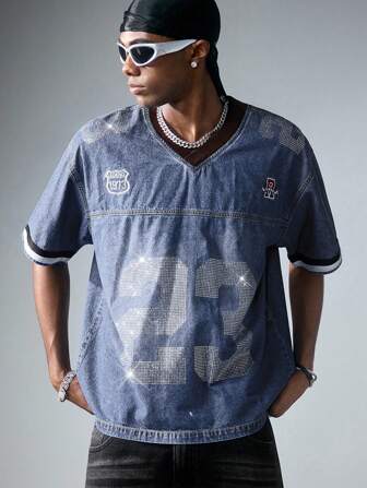 Prep Men's V-Neck Numeric Pattern Rhinestone Short Sleeve Casual Denim Shirt