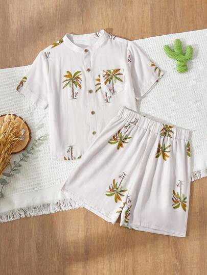 Blossori 男童自然图案立领短袖衬衫和短裤套装