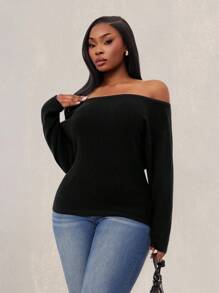 SHEIN SXY 大码女式秋冬、春夏优雅华丽纯色露肩休闲长袖毛衣，适合外出、约会之夜、聚会、老钱、情人节 - 黑色 - 查看 10