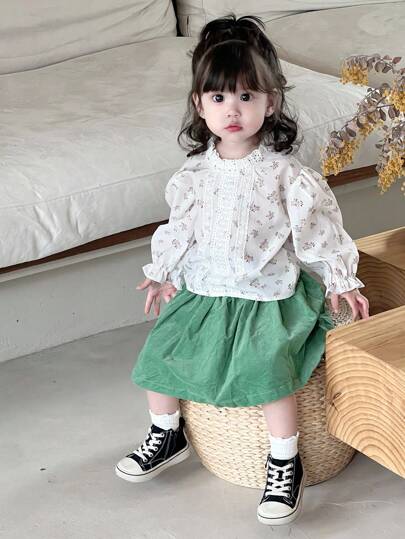 Dazy Kids 女婴休闲花卉撞色蕾丝花边衬衫，幼儿秋装