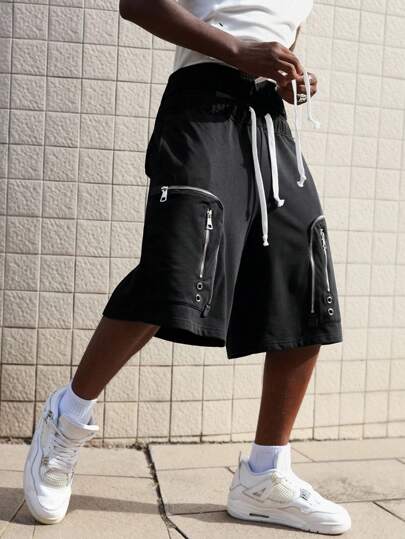 Street Life Men's Drawstring Waist Zipper Cargo Pocket Shorts, Summer Fashion