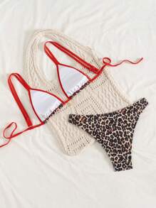 Swim Vcay Women's Leopard Print Splicing Red Trim Swimwear Set, Sexy Bikini For Island, Beach, Pool Party, Cruise, Vacation In Summer - Red - View 3