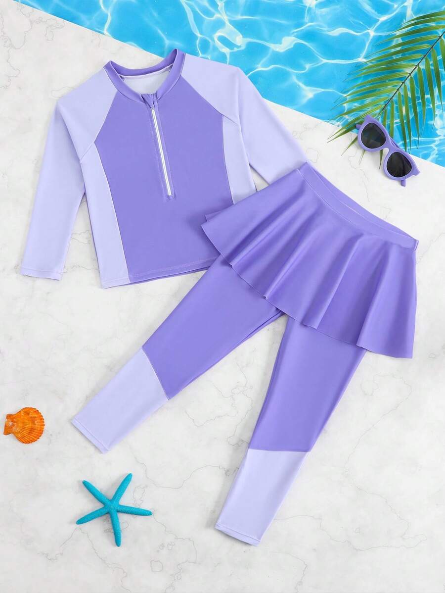 年轻女孩撞色插肩袖拉链前开式比基尼上衣和裤子休闲泳装套装