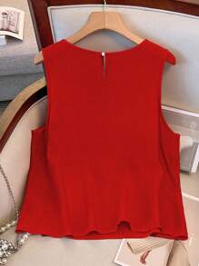 GlowEve CURVE Blouse femme d'été à col rond, unie, avec nœud devant et sans manches - Rouge - Voir 2