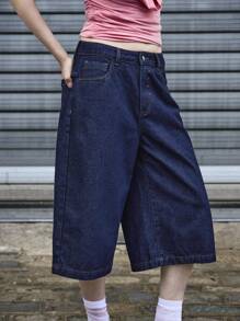 COUREZ 深蓝色水洗低腰做旧牛仔短裤 / 女士夏季穿搭 夏季短裤 Y3K 街头风 可爱度假 Y2K 复古棉质 - 深色水洗藍 - 查看 2