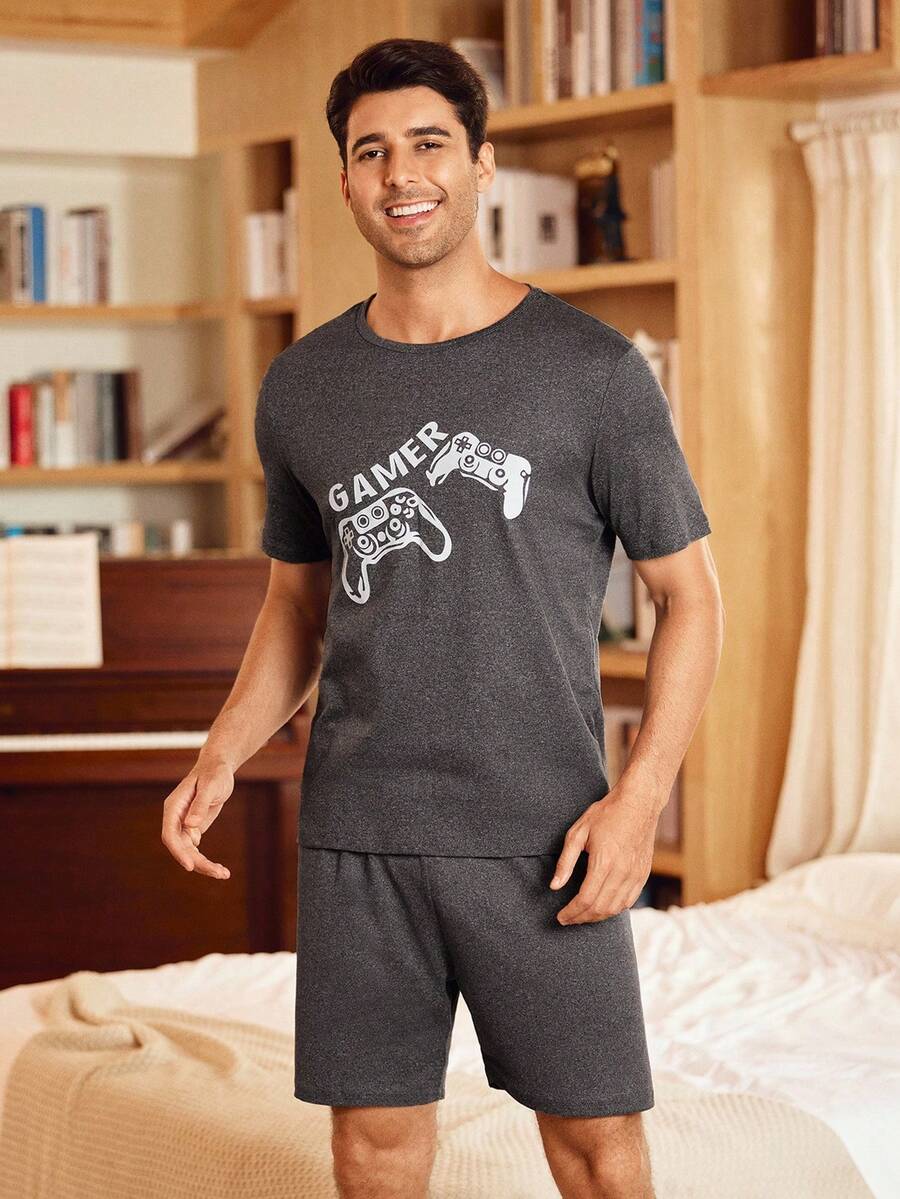 Happy Jammies 电子游戏印花男士圆领短袖上衣和短裤睡衣套装 - 深灰色 - 查看 1