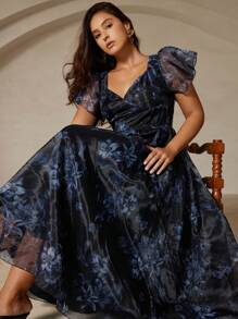 Aveloria 蓝色夏季优雅女士长裙，随机精致法式甜心领口欧根纱渐变色花卉印花透明泡泡袖 A 字型束腰加大码 - 彩色 - 查看 1