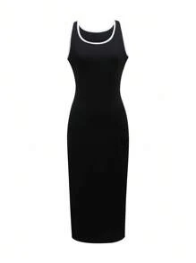 INAWLY 优雅拼色长款无袖连衣裙，夏季 - 黑色 - 查看 3