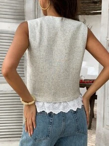 Livesso 女士圆领无袖蕾丝拼接背心，夏季女装外套，秋季女装大衣 - 杏色 - 查看 2