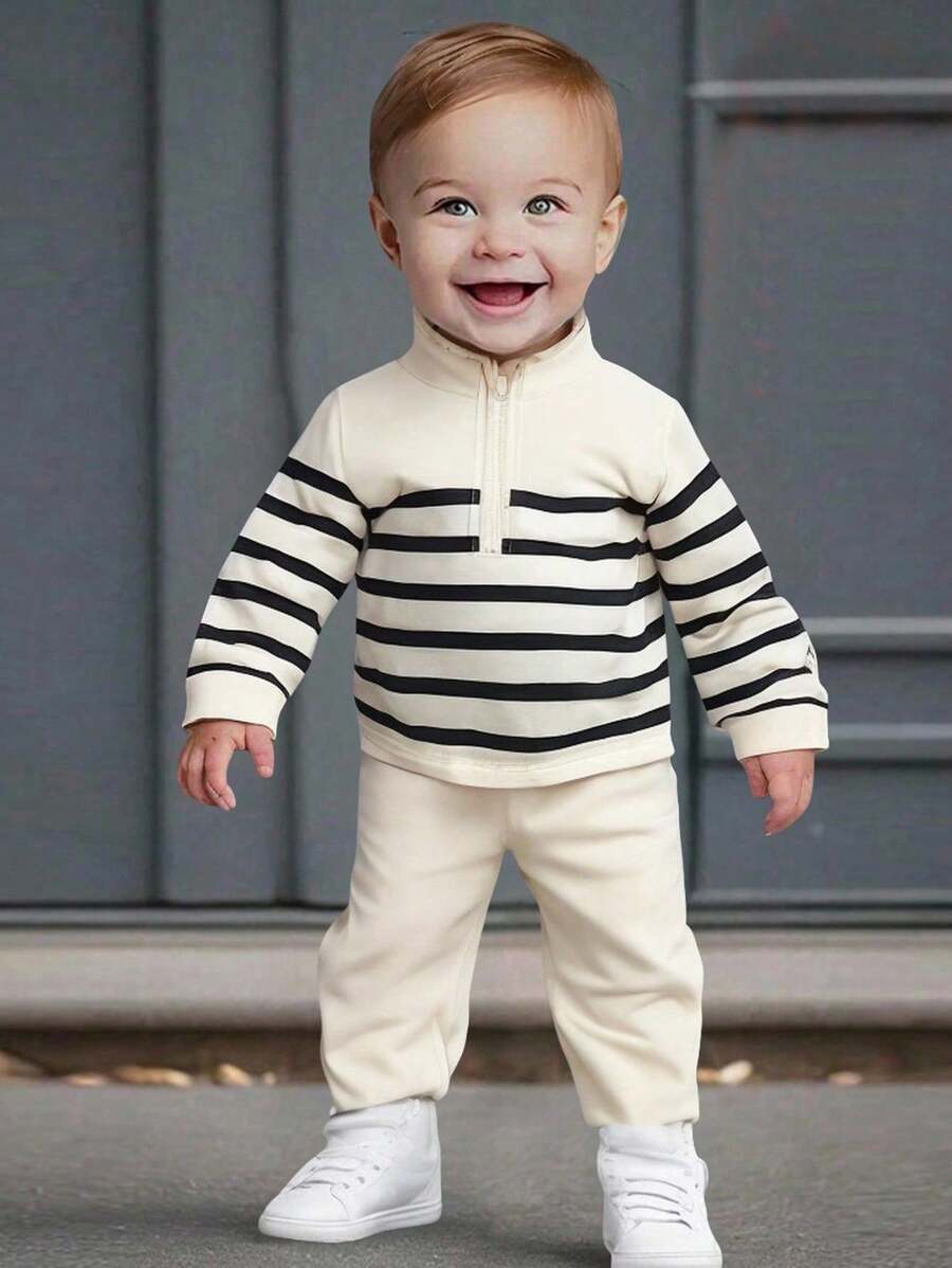 SHEIN 男婴春秋复活节庆典清新白色休闲厚款套装 | 柔软舒适针织材质，半拉链长袖上衣，方便穿脱；宽松长裤，自由自在。非常适合户外探险、温馨居家、趣味活动，甚至是复活节派对绅士造型。让您的小宝贝时刻充满活力、时尚动感。 - 白色 - 查看 1