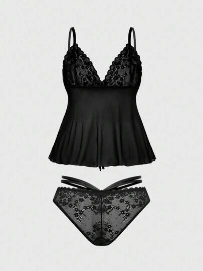 Goth Conjunto de lencería de talla grande con tanga de malla y encaje gótico sin aros